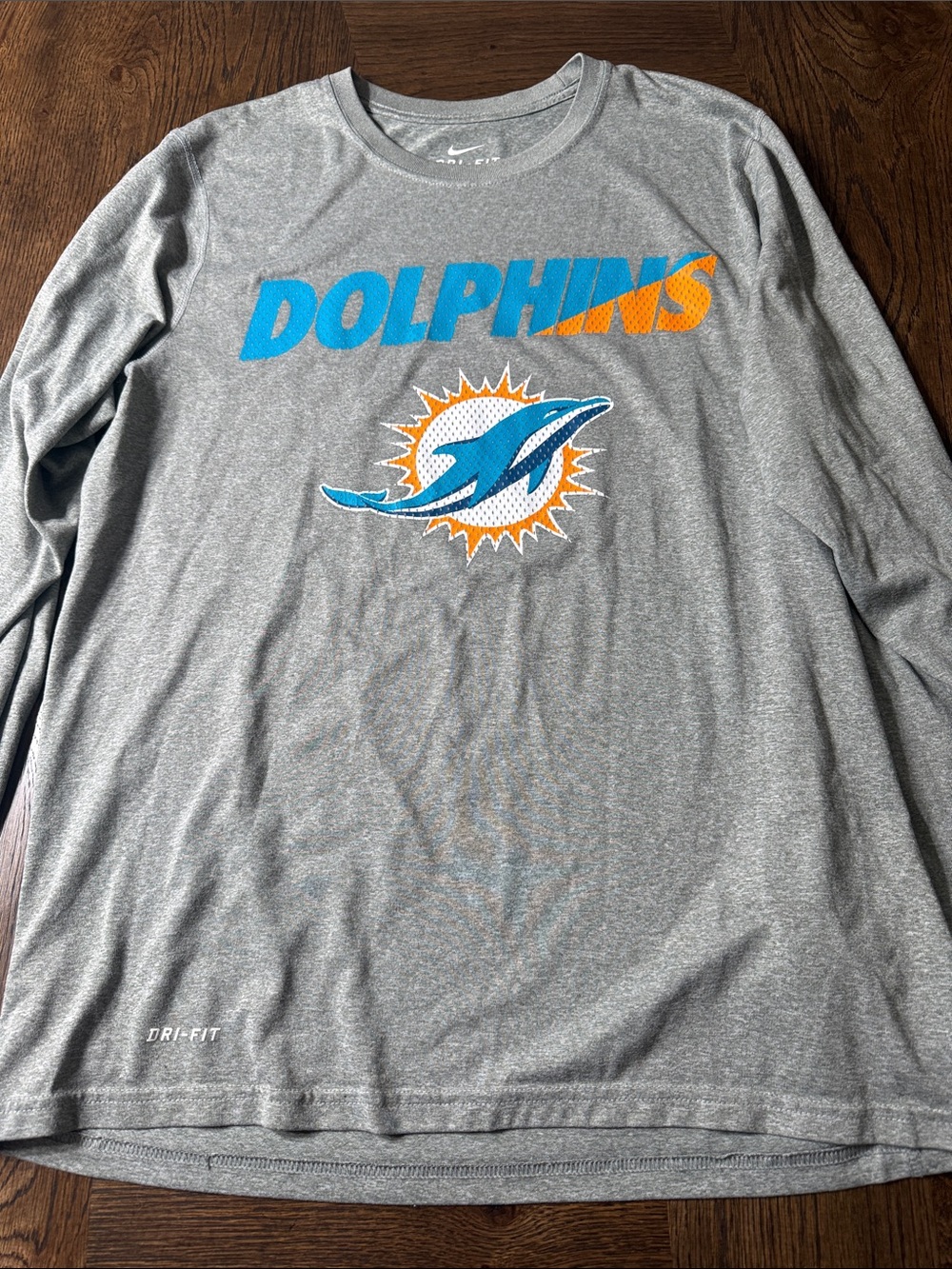 Nike Gray Dolphins Long Sleeve Graphic Tee with Aqua and Orange Accents Medium